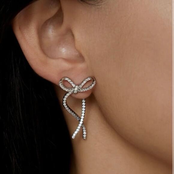 SHASHI Women's‎ Caroline Pave CZ Bow Front Back Elegant Modern Earrings - Picture 2 of 11